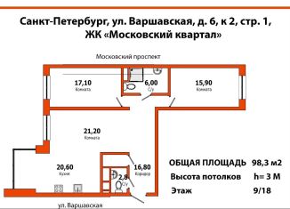 Продается 3-комнатная квартира, 98.3 м2, Санкт-Петербург, Московский район, Варшавская улица