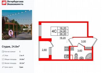 Продам квартиру студию, 24.8 м2, посёлок Шушары, Колпинское шоссе, 129