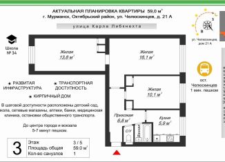 Продажа трехкомнатной квартиры, 59 м2, Мурманская область, улица Челюскинцев, 21А