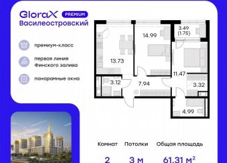 2-ком. квартира на продажу, 62.8 м2, Санкт-Петербург, улица Челюскина, 10, метро Зенит