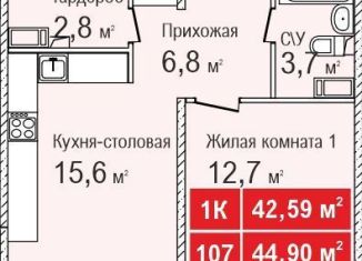 Продается однокомнатная квартира, 42.6 м2, Нижний Новгород, жилой комплекс Торпедо, 3