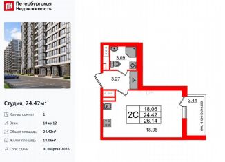 Продается квартира студия, 24.4 м2, Санкт-Петербург, метро Московская, Кубинская улица, 78к2