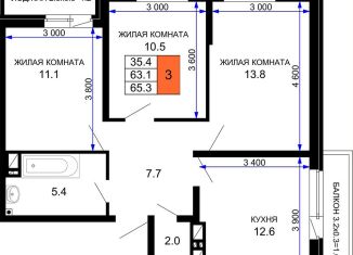 Продаю трехкомнатную квартиру, 65.3 м2, Краснодар, Главная городская площадь, микрорайон Центральный