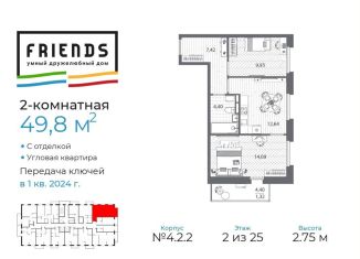 Продаю двухкомнатную квартиру, 49.8 м2, Санкт-Петербург, ЖК Френдс