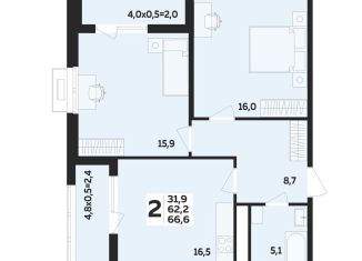 Продается 2-ком. квартира, 66.6 м2, аул Новая Адыгея