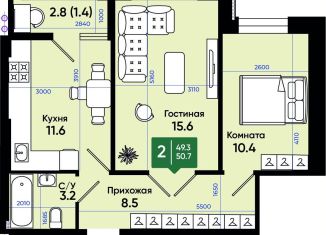 Двухкомнатная квартира на продажу, 52.3 м2, Батайск, улица Олимпийское Кольцо, 36к1