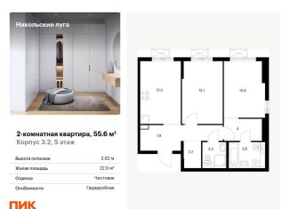 2-комнатная квартира на продажу, 55.6 м2, Москва, станция Щербинка