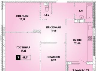 3-комнатная квартира на продажу, 69.5 м2, Краснодар, микрорайон Достояние