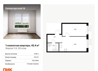 1-комнатная квартира на продажу, 42.4 м2, Москва, ЖК Кронштадтский 14
