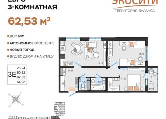 Продаю трехкомнатную квартиру, 62.5 м2, Ульяновск, жилой комплекс ЭкоСити, 11, Заволжский район