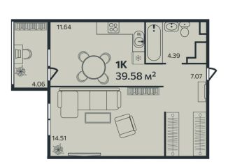 Продажа 1-комнатной квартиры, 39.6 м2, Выборг