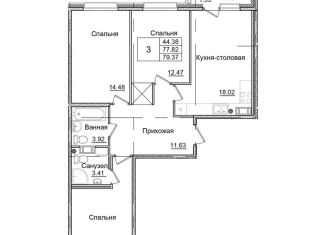Продажа трехкомнатной квартиры, 78 м2, Колпино
