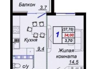 Продается 1-комнатная квартира, 37.7 м2, Краснодарский край