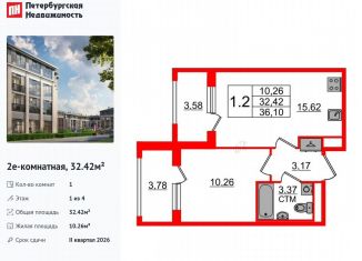 Продается однокомнатная квартира, 32.4 м2, посёлок Стрельна