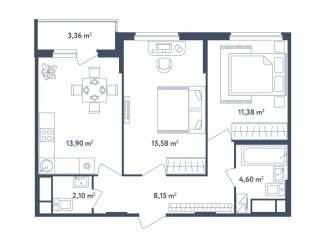 Продается двухкомнатная квартира, 57.4 м2, поселок Мещерино