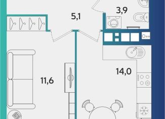 1-комнатная квартира на продажу, 38.4 м2, Удмуртия, улица Архитектора П.П. Берша, 44