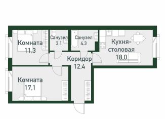 2-комнатная квартира на продажу, 82.2 м2, Челябинская область, Кременкульская улица, 15