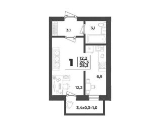 Продается 1-комнатная квартира, 26.3 м2, аул Новая Адыгея, улица Тургеневское Шоссе, 33/5к38, ЖК Дарград