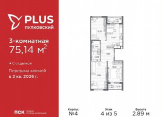 Продается трехкомнатная квартира, 75.1 м2, Санкт-Петербург, муниципальный округ Пулковский Меридиан