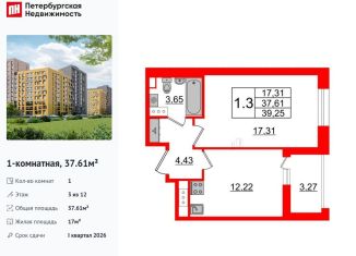 Продам 1-комнатную квартиру, 37.6 м2, Санкт-Петербург, метро Озерки