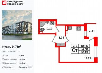 Продам квартиру студию, 24.8 м2, Санкт-Петербург, муниципальный округ Пулковский Меридиан