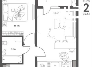 1-комнатная квартира на продажу, 39.4 м2, Липецк, улица Перова, 2Д