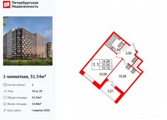 Однокомнатная квартира на продажу, 31.5 м2, Санкт-Петербург, муниципальный округ Невский