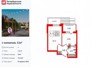 Продажа 1-комнатной квартиры, 32 м2, посёлок Шушары