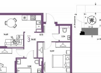 Продается трехкомнатная квартира, 56.8 м2, Свердловская область, Шефская улица, 28