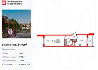 Однокомнатная квартира на продажу, 34.9 м2, посёлок Шушары