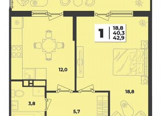 1-ком. квартира на продажу, 42.9 м2, Краснодарский край