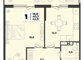 1-комнатная квартира на продажу, 42.9 м2, Краснодарский край