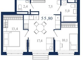 Продажа 2-комнатной квартиры, 55.8 м2, Екатеринбург, Онежская улица, 4, Октябрьский район