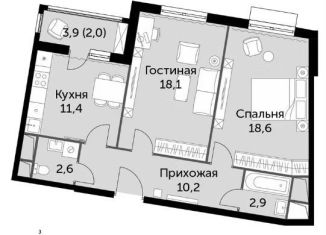 2-комнатная квартира на продажу, 65.8 м2, посёлок Развилка, Римский проезд, 13, ЖК Римский