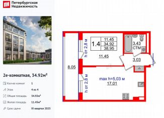 Продается однокомнатная квартира, 34.9 м2, посёлок Стрельна