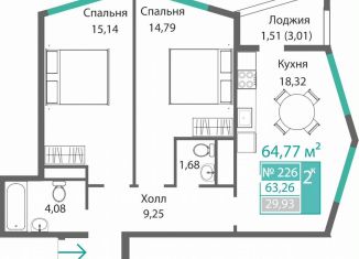 Продается двухкомнатная квартира, 64.8 м2, Симферополь