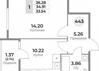 Продаю 1-комнатную квартиру, 34.9 м2, Калининград