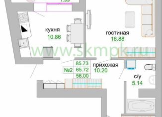 Двухкомнатная квартира на продажу, 67 м2, Зеленоградск, улица Тургенева, 16А