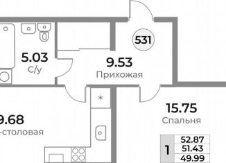 Продам однокомнатную квартиру, 51.4 м2, Калининград