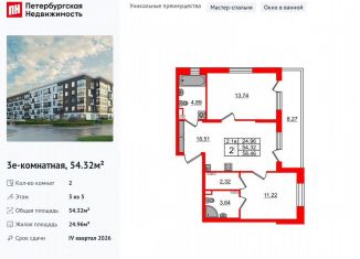 2-комнатная квартира на продажу, 54.3 м2, Санкт-Петербург, метро Звёздная