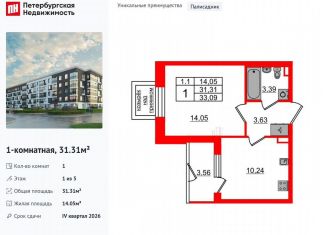 Продаю однокомнатную квартиру, 31.3 м2, Санкт-Петербург, муниципальный округ Пулковский Меридиан