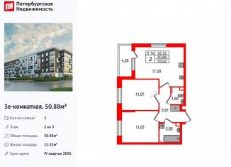 Продаю двухкомнатную квартиру, 50.9 м2, Санкт-Петербург, метро Звёздная