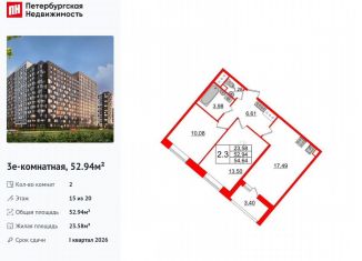 Продажа двухкомнатной квартиры, 52.9 м2, Санкт-Петербург, муниципальный округ Невский